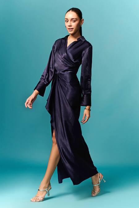 Emblaze_Blue Viscose Shawl Neck Solid Asymmetric Draped Dress _Online_at_Aza_Fashions