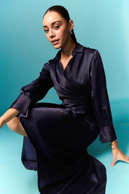 Shop_Emblaze_Blue Viscose Shawl Neck Solid Asymmetric Draped Dress _Online_at_Aza_Fashions