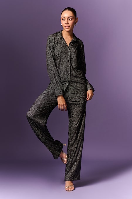 Emblaze_Black Jersey Textured Shirt Collar Shimmer With Pant _Online_at_Aza_Fashions