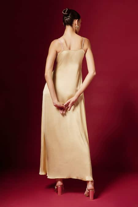 Shop Emblaze Gold Crepe Stones Sweetheart Neck Ruched Bodice Strappy Dress at Aza Fashions Shop_Emblaze_Gold Crepe Stones Sweetheart Neck Ruched Bodice Strappy Dress _at_Aza_Fashions