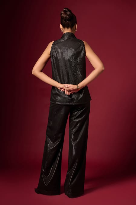 Shop Emblaze Black Jersey Textured Shirt Collar Shimmer Tonal With Pant at Aza Fashions Shop_Emblaze_Black Jersey Textured Shirt Collar Shimmer Tonal With Pant _at_Aza_Fashions