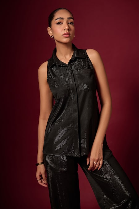 Buy Emblaze Black Jersey Textured Shirt Collar Shimmer Tonal With Pant Online at Aza Fashions Buy_Emblaze_Black Jersey Textured Shirt Collar Shimmer Tonal With Pant _Online_at_Aza_Fashions