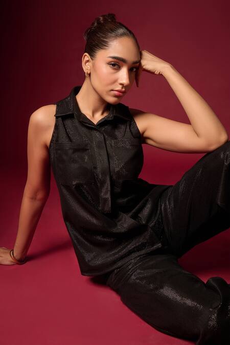 Shop Emblaze Black Jersey Textured Shirt Collar Shimmer Tonal With Pant Online at Aza Fashions Shop_Emblaze_Black Jersey Textured Shirt Collar Shimmer Tonal With Pant _Online_at_Aza_Fashions