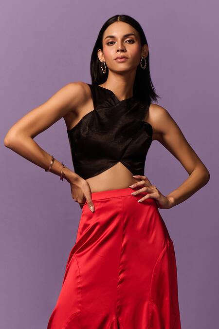 Emblaze_Black Viscose Halter Neck Solid Crop Top_at_Aza_Fashions