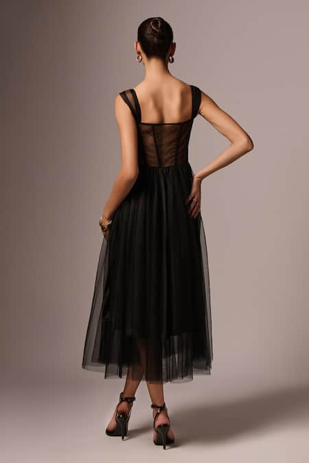 Shop Emblaze Black Tulle Sweetheart Neck Solid Layered Tiered Corset Dress at Aza Fashions Shop_Emblaze_Black Tulle Sweetheart Neck Solid Layered Tiered Corset Dress _at_Aza_Fashions