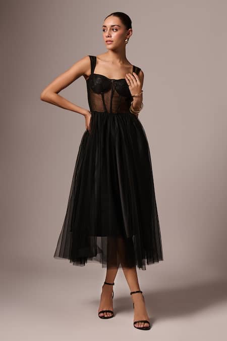 Emblaze Black Tulle Sweetheart Neck Solid Layered Tiered Corset Dress Online at Aza Fashions Emblaze_Black Tulle Sweetheart Neck Solid Layered Tiered Corset Dress _Online_at_Aza_Fashions
