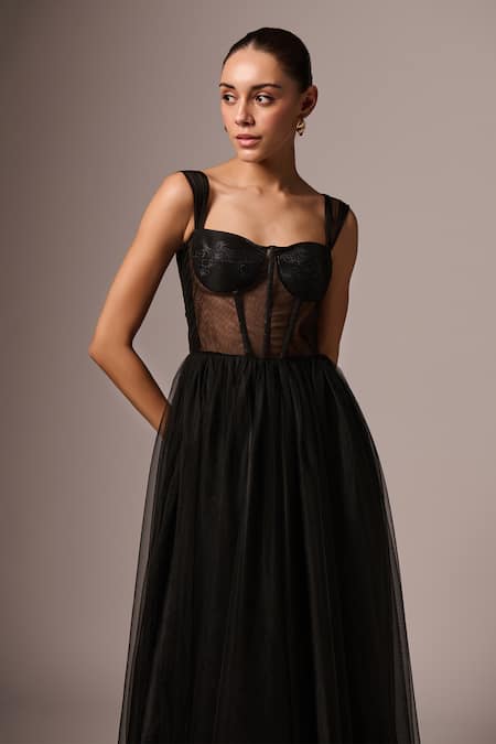Buy Emblaze Black Tulle Sweetheart Neck Solid Layered Tiered Corset Dress Online at Aza Fashions Buy_Emblaze_Black Tulle Sweetheart Neck Solid Layered Tiered Corset Dress _Online_at_Aza_Fashions