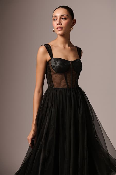 Shop Emblaze Black Tulle Sweetheart Neck Solid Layered Tiered Corset Dress Online at Aza Fashions Shop_Emblaze_Black Tulle Sweetheart Neck Solid Layered Tiered Corset Dress _Online_at_Aza_Fashions