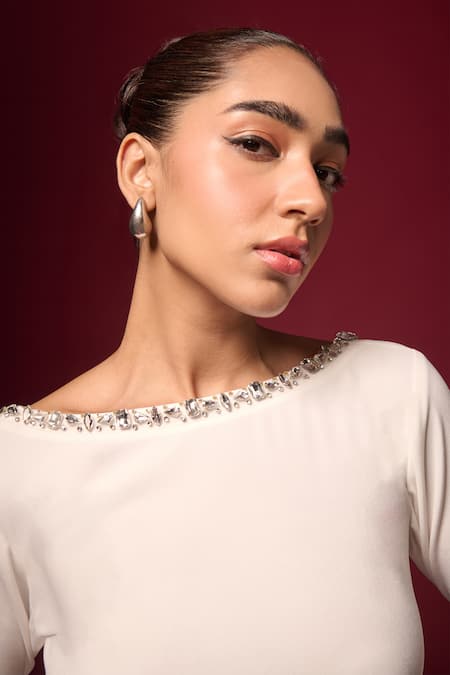 Shop Emblaze White Crepe Embellished Jewel Round Border Dress Online at Aza Fashions Shop_Emblaze_White Crepe Embellished Jewel Round Border Dress _Online_at_Aza_Fashions