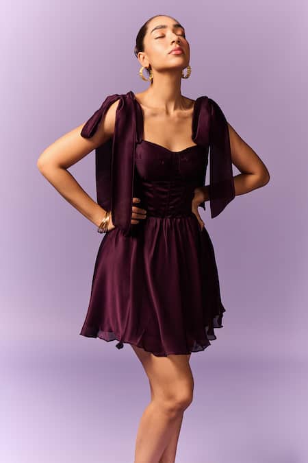Buy_Emblaze_Purple Chiffon, Satin Sweetheart Neck Solid Tie-up Dress _Online_at_Aza_Fashions