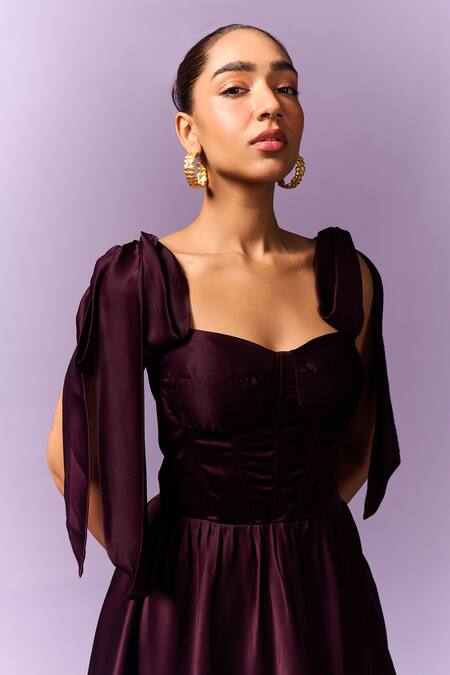 Shop_Emblaze_Purple Chiffon, Satin Sweetheart Neck Solid Tie-up Dress _Online_at_Aza_Fashions