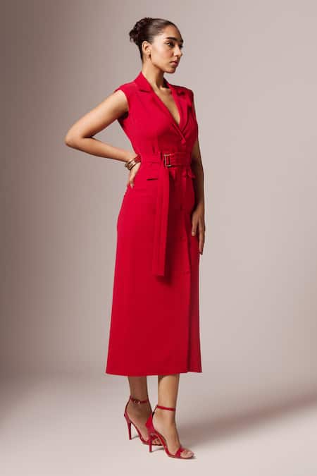 Emblaze_Red Crepe Collared Solid Straight Dress _Online_at_Aza_Fashions