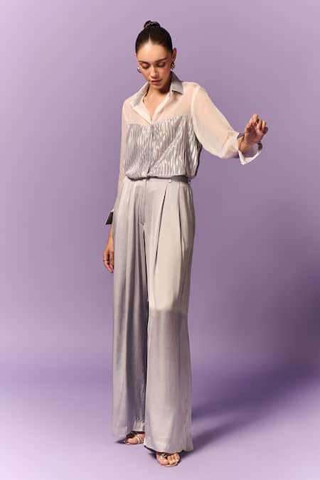 Shop Emblaze White Organza Embroidery Collared Patchwork Pleated Shirt at Aza Fashions Shop_Emblaze_White Organza Embroidery Collared Patchwork Pleated Shirt _at_Aza_Fashions