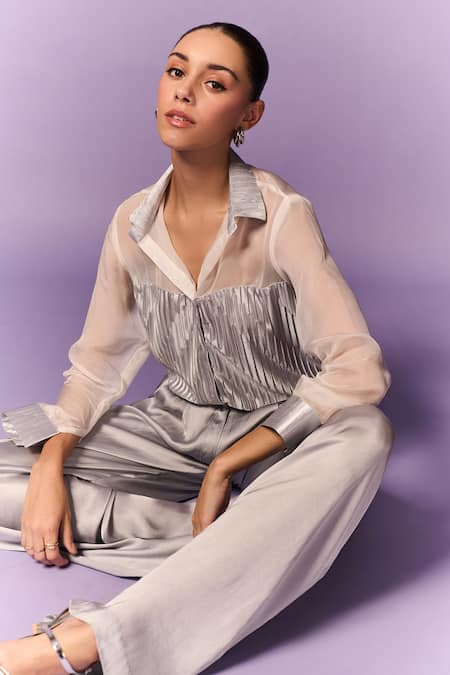 Emblaze White Organza Embroidery Collared Patchwork Pleated Shirt Online at Aza Fashions Emblaze_White Organza Embroidery Collared Patchwork Pleated Shirt _Online_at_Aza_Fashions