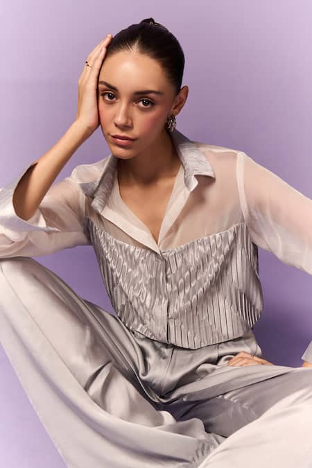 Buy Emblaze White Organza Embroidery Collared Patchwork Pleated Shirt Online at Aza Fashions Buy_Emblaze_White Organza Embroidery Collared Patchwork Pleated Shirt _Online_at_Aza_Fashions