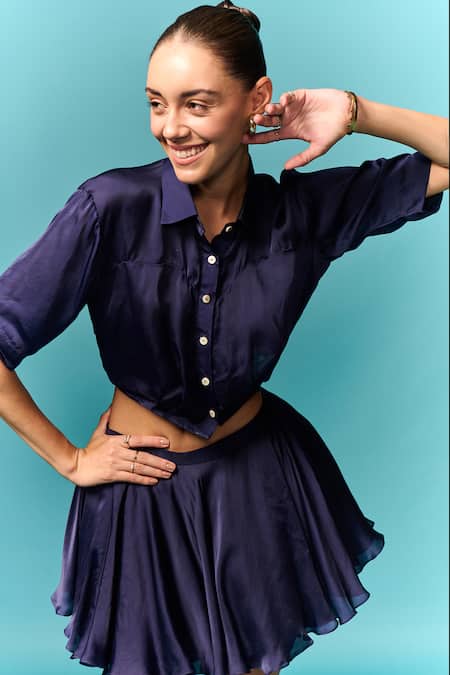 Buy Emblaze Navy Satin Collared Blue Shirt And Skirt Set Online at Aza Fashions Buy_Emblaze_Navy Satin Collared Blue Shirt And Skirt Set _Online_at_Aza_Fashions