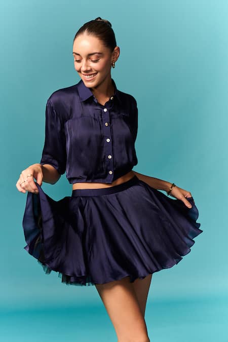 Shop Emblaze Navy Satin Collared Blue Shirt And Skirt Set Online at Aza Fashions Shop_Emblaze_Navy Satin Collared Blue Shirt And Skirt Set _Online_at_Aza_Fashions