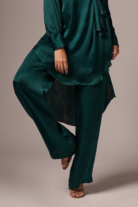 Emblaze_Green Modal Collared Puff Sleeve Angarkha And Pant Set _Online_at_Aza_Fashions