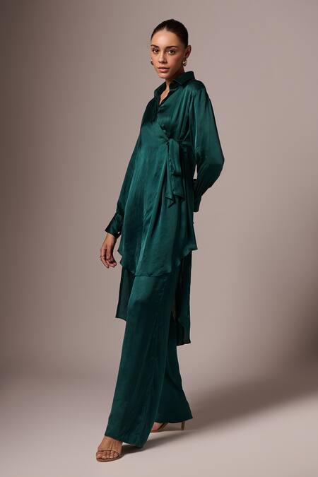 Buy_Emblaze_Green Modal Collared Puff Sleeve Angarkha And Pant Set _Online_at_Aza_Fashions