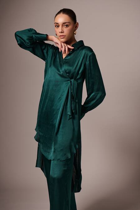 Shop_Emblaze_Green Modal Collared Puff Sleeve Angarkha And Pant Set _Online_at_Aza_Fashions