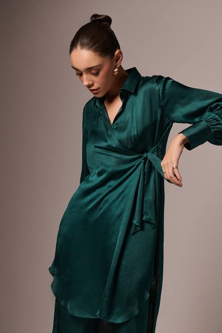 Emblaze_Green Modal Collared Puff Sleeve Angarkha And Pant Set _at_Aza_Fashions