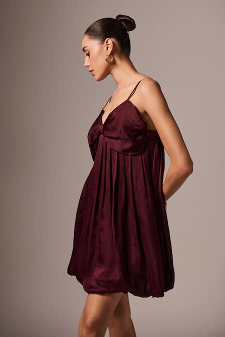 Emblaze_Wine Satin Sweetheart Neck Bow Dress _Online_at_Aza_Fashions