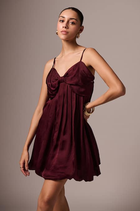 Buy_Emblaze_Wine Satin Sweetheart Neck Bow Dress _Online_at_Aza_Fashions