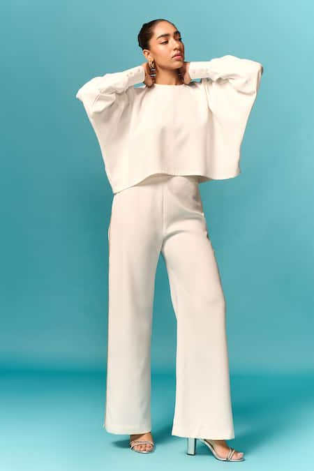 Emblaze White Crepe Plain Round Cut Out Top And Embellished Trouser Set 