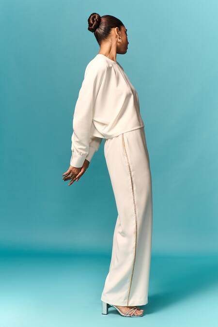 Emblaze_White Crepe Round Neck Cut Out Top And Embellished Trouser Set _Online_at_Aza_Fashions
