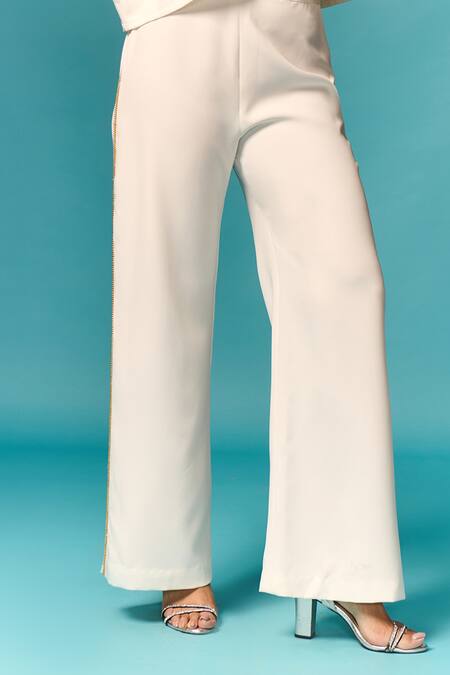 Buy_Emblaze_White Crepe Round Neck Cut Out Top And Embellished Trouser Set _Online_at_Aza_Fashions