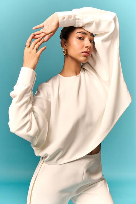 Buy_Emblaze_White Crepe Round Neck Cut Out Top And Embellished Trouser Set 