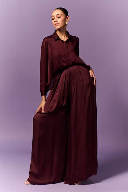 Emblaze_Wine Satin, Modal Collared Solid Shirt And Pant Set _Online_at_Aza_Fashions