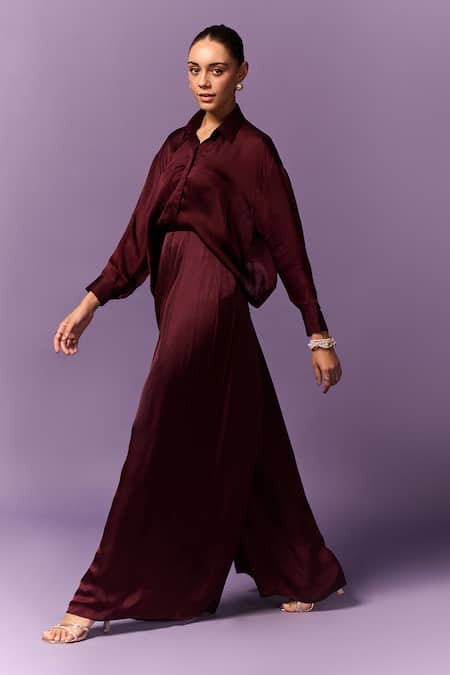 Buy_Emblaze_Wine Satin, Modal Collared Solid Shirt And Pant Set _Online_at_Aza_Fashions