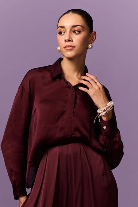 Shop_Emblaze_Wine Satin, Modal Collared Solid Shirt And Pant Set _Online_at_Aza_Fashions