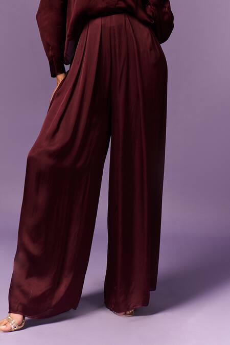 Emblaze_Wine Satin, Modal Collared Solid Shirt And Pant Set _at_Aza_Fashions