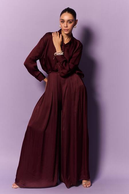 Buy_Emblaze_Wine Satin, Modal Collared Solid Shirt And Pant Set 