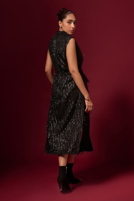 Shop Emblaze Black Georgette Collared Fur Embellished Dress at Aza Fashions Shop_Emblaze_Black Georgette Collared Fur Embellished Dress _at_Aza_Fashions