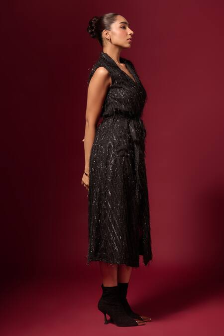 Shop Emblaze Black Georgette Collared Fur Embellished Dress Online at Aza Fashions Shop_Emblaze_Black Georgette Collared Fur Embellished Dress _Online_at_Aza_Fashions