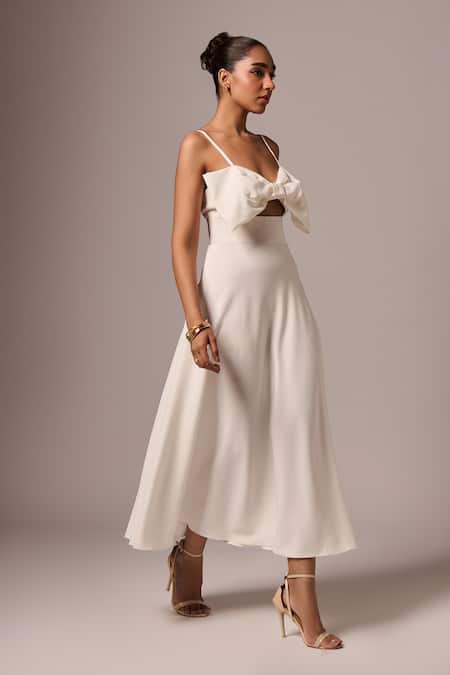 Shop_Emblaze_White Crepe Sweetheart Neck Sleeveless Bow Dress _at_Aza_Fashions