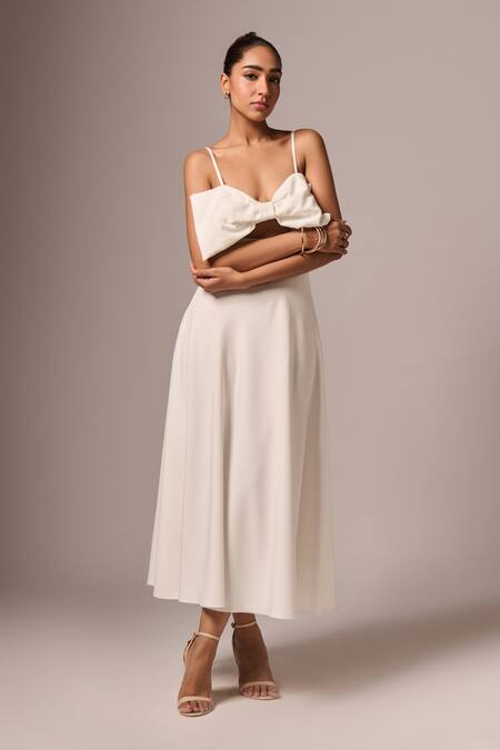Shop_Emblaze_White Crepe Sweetheart Neck Sleeveless Bow Dress _Online_at_Aza_Fashions