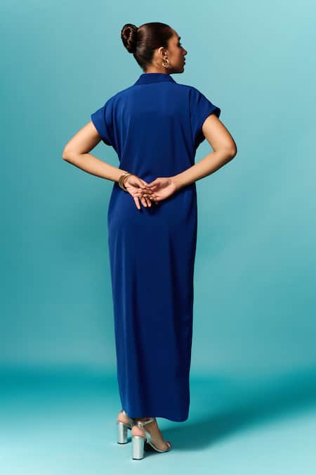 Shop Emblaze Blue Crepe Collared Plain Shirt Dress at Aza Fashions Shop_Emblaze_Blue Crepe Collared Plain Shirt Dress _at_Aza_Fashions