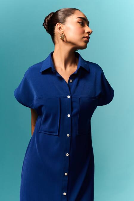 Buy Emblaze Blue Crepe Collared Plain Shirt Dress Online at Aza Fashions Buy_Emblaze_Blue Crepe Collared Plain Shirt Dress _Online_at_Aza_Fashions