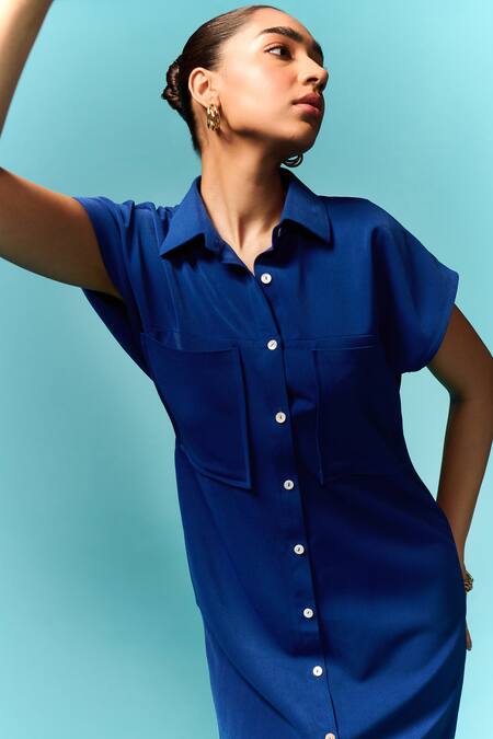 Shop Emblaze Blue Crepe Collared Plain Shirt Dress Online at Aza Fashions Shop_Emblaze_Blue Crepe Collared Plain Shirt Dress _Online_at_Aza_Fashions