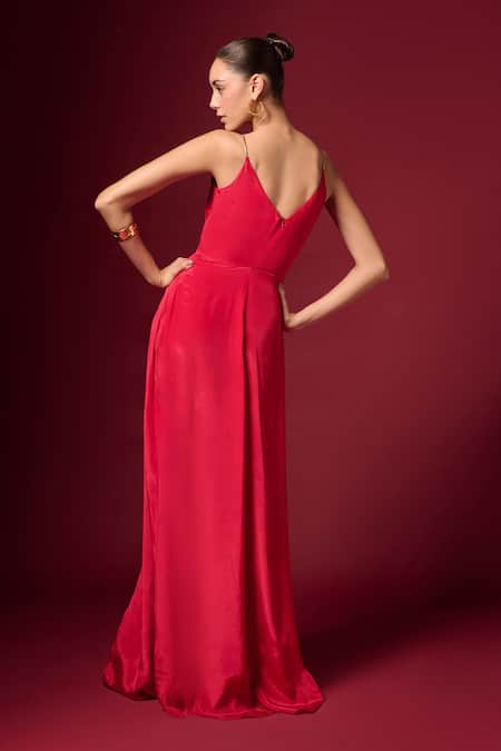 Shop Emblaze Red Crepe V-neck Sleeveless Solid Dress at Aza Fashions Shop_Emblaze_Red Crepe V-neck Sleeveless Solid Dress _at_Aza_Fashions
