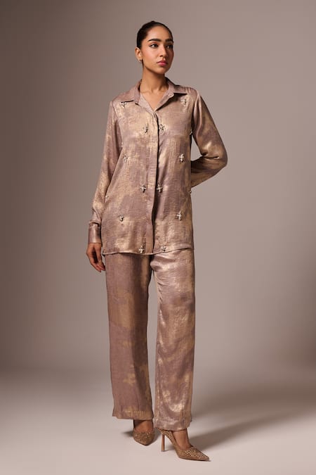 Emblaze Gold Cotton Printed Foil Collar Floral Embellished Shirt And Pant Set 