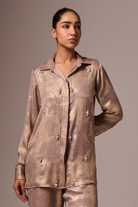 Emblaze_Gold Cotton, Satin Beads, Crystals, Foil Floral Embellished Shirt And Pant Set _Online_at_Aza_Fashions