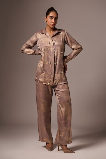Buy_Emblaze_Gold Cotton, Satin Beads, Crystals, Foil Floral Embellished Shirt And Pant Set _Online_at_Aza_Fashions