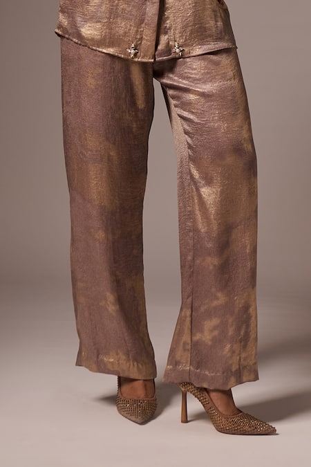 Shop_Emblaze_Gold Cotton, Satin Beads, Crystals, Foil Floral Embellished Shirt And Pant Set _Online_at_Aza_Fashions