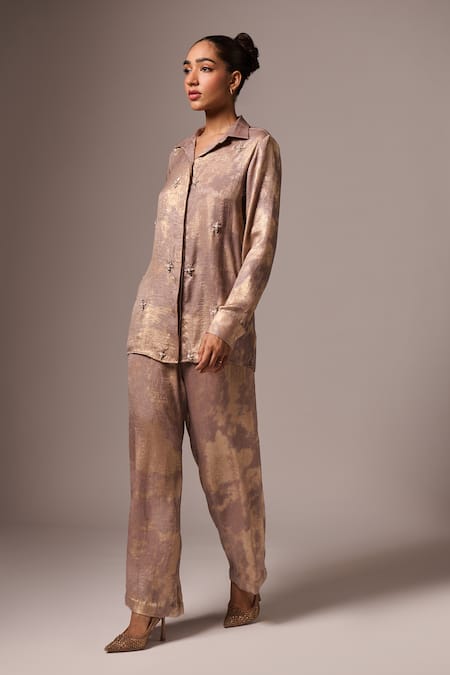 Emblaze_Gold Cotton, Satin Beads, Crystals, Foil Floral Embellished Shirt And Pant Set _at_Aza_Fashions