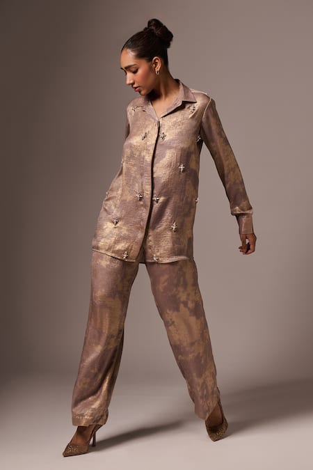 Buy_Emblaze_Gold Cotton, Satin Beads, Crystals, Foil Floral Embellished Shirt And Pant Set 